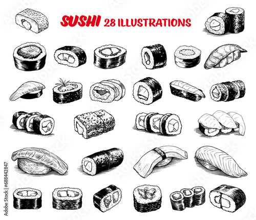Collection of drawn sushi. Sketch illustration
