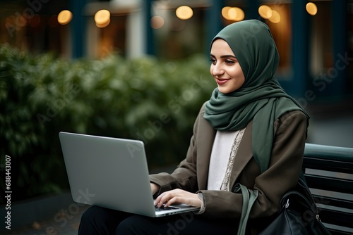 A young woman in a head hijab sitting on a bench with a laptop.