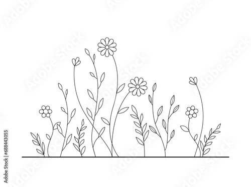 Hand-drawn wild flowers sketch set isolated on white background. Spring herbal design.  Black Silhouettes Of Grass  Flowers And Herbs. 