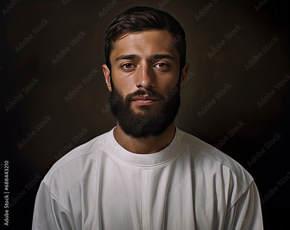 Muslim man with a beard and white shirt against a dark background.