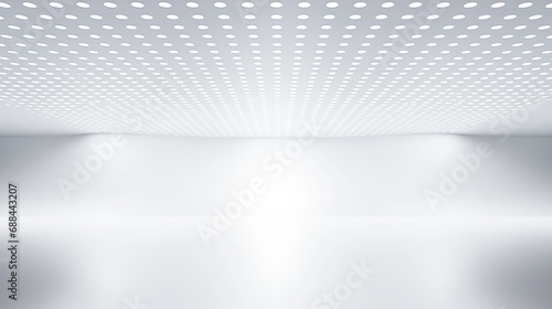 Abstract white and gray color background with the room. The ceiling has many light bulbs. 3D illustration.