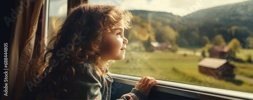 Little girll in train lookin from window at nature land. Children travel in train concept.