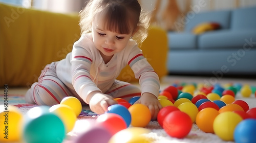 A child plays with plastic balls