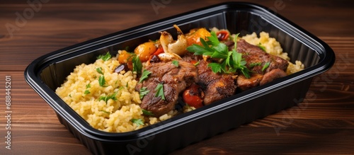 Delivering restaurant-style meat pilaf in a plastic box or container for home.