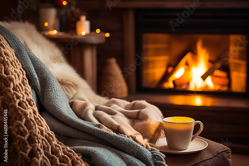A mug of hot tea stands on chair with a woolen blanket in living room with a fireplace. Cozy winter day