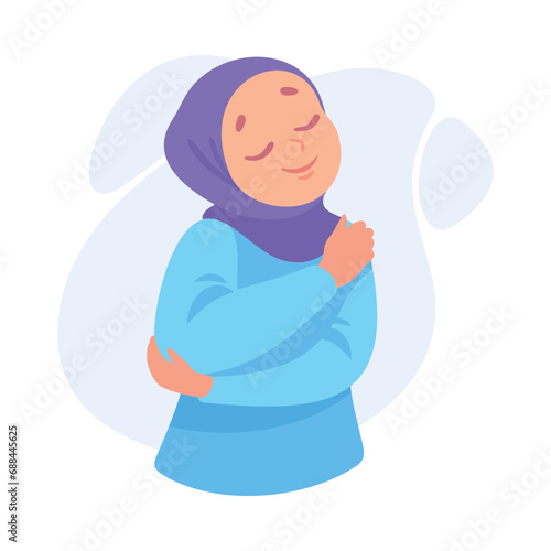 Muslim Woman Character Hug Herself Taking Care and Show Importance of Oneself Vector Illustration