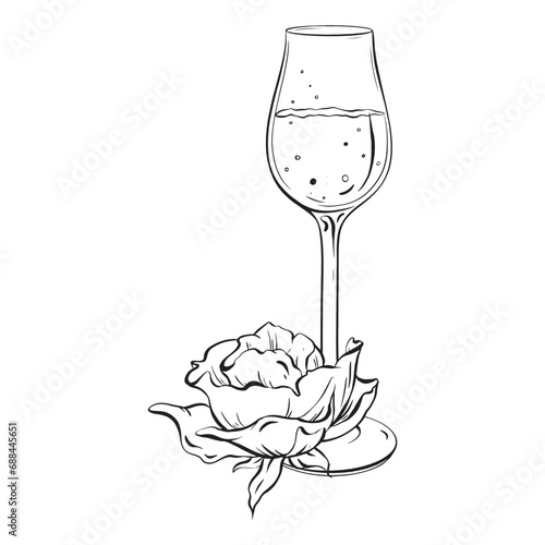 Ink: Elegant composition featuring a vine glass and a blooming rose. A delicate illustration for cards, coloring, prints, posters, and textile printing. for birthdays, weddings, bachelorette parties