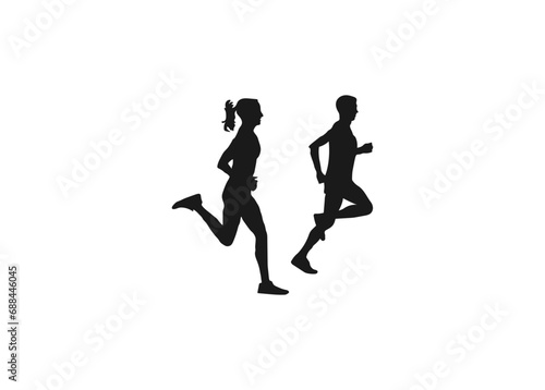 running man and woman silhouette. Running Man Silhouette, Jogging Training Person Vector Illustration. Black and white vector design. vector icon set isolated on white background. Running people.