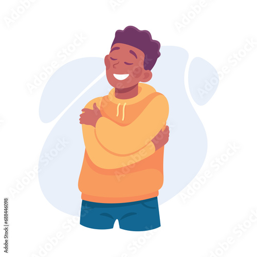 Man Character Hug Himself Taking Care and Show Importance of Oneself Vector Illustration