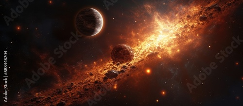 3D rendering of a close exoplanet orbiting a sun with the Milkyway galaxy in space.