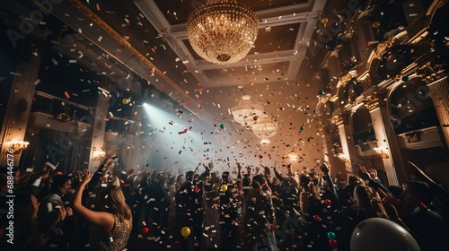 A grand New Year's party in a luxurious ballroom