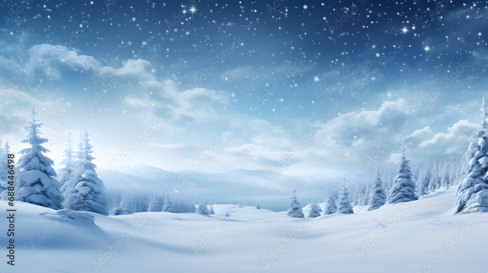 Winter background with snow covered mountains and trees. Ai generate.