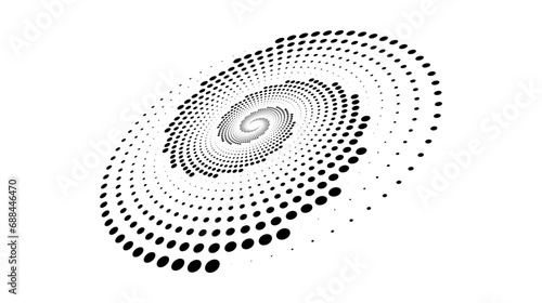 Dotted spiral lines element. Radial spinning halftone texture. Circle swirl dots shape in perspective. Abstract background for poster, banner, logo, icon, collage, tattoo, tag. Vector illustration