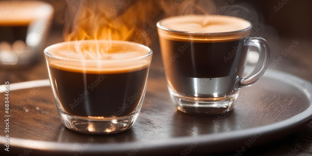 DOUBLE ESPRESSO SHOT - HOT WATER on the black wooden table with bokeh lights background with copy space