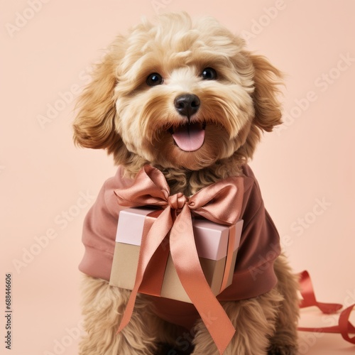 a small cute poodle dog smiling sitting behind a big present box with a gift on beige colored background photo