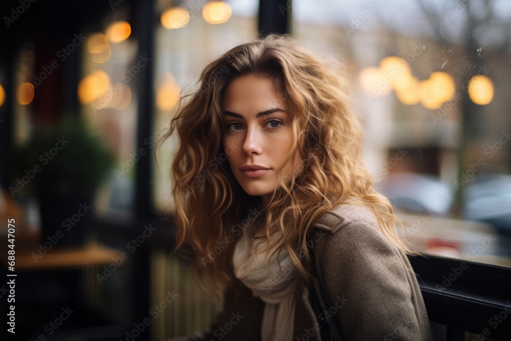 Portrait of a beautiful young woman with curly hair in a cafe