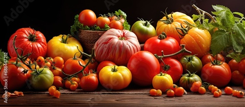 Assorted fresh ripe tomatoes, various colors, sizes, shapes, autumn harvest.