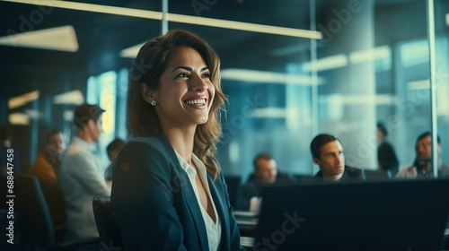 A close-up of a smiling businesswoman leading a successful presentation in a high-tech conference room with large glass windows