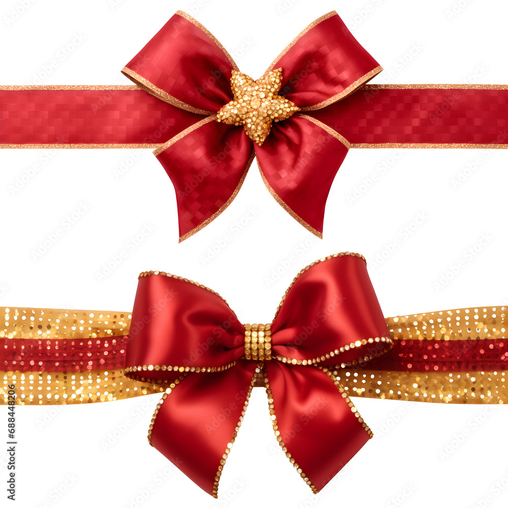 red gold ribbon bow set isolated on transparent background design element PNG cutout