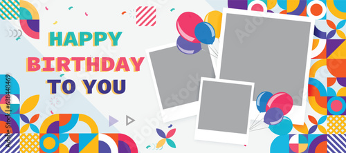 happy birthday card with balloon and photo frame design template photo
