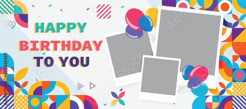 Modern birthday card with balloon and photo frame design template