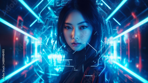 Futuristic cyberpunk portrait of a young Asian woman