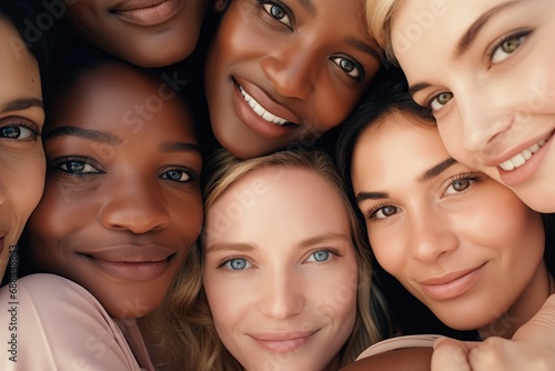 A group of travel girlfriends. Interracial friendship. International language camp. Spring break. Vacation.  Happy  smiling women of different races and ethnicities. Black and Caucasian ladies