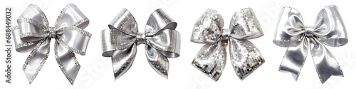 silver ribbon bow set isolated on transparent background - design element PNG cutout collection