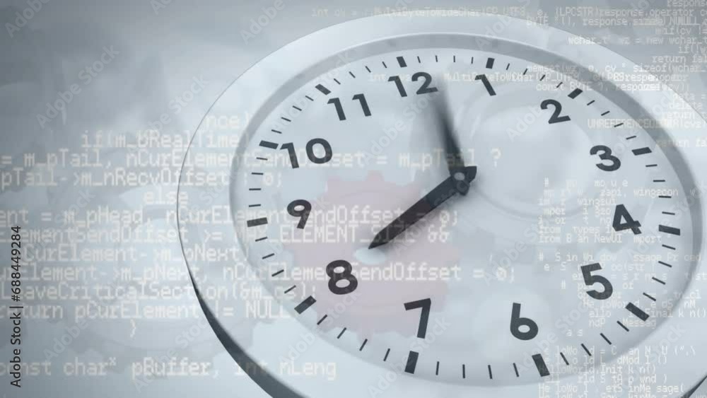 Animation of moving clock over data processing and cog wheels on white background Animation of moving clock over data processing and cog wheels on white background