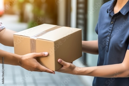 Close up hands of customer hand receiving a cardboard box parcel from delivery service courier. delivery concept of customer and worker. photo
