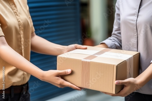 Close up hands of customer hand receiving a cardboard box parcel from delivery service courier. delivery concept of customer and worker.