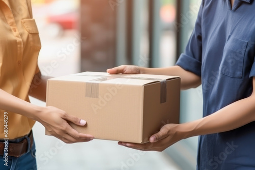 Close up hands of customer hand receiving a cardboard box parcel from delivery service courier. delivery concept of customer and worker. © cwa