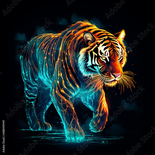 a cyber tiger with blue lights on his back, in the style of photorealistic still life © alex