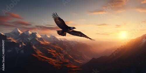 an image of a graceful pterodroma bird soaring above a volcanic island,,
Silhouette of an eagle soaring against a stunning sunset  photo