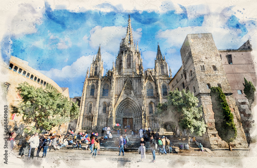 Barcelona Cathedral - Catedral de la Santa Cruz y Santa Eulalia (the Holy Cross and Saint Eulalia) in Barcelona, Spain in watercolor style illustration	