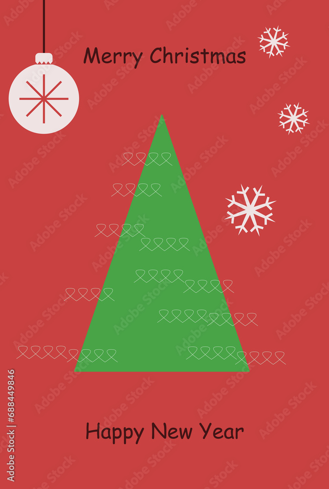Naklejka premium Merry Christmas and Happy New Year greeting card with christmas tree, ball, snowflakes.