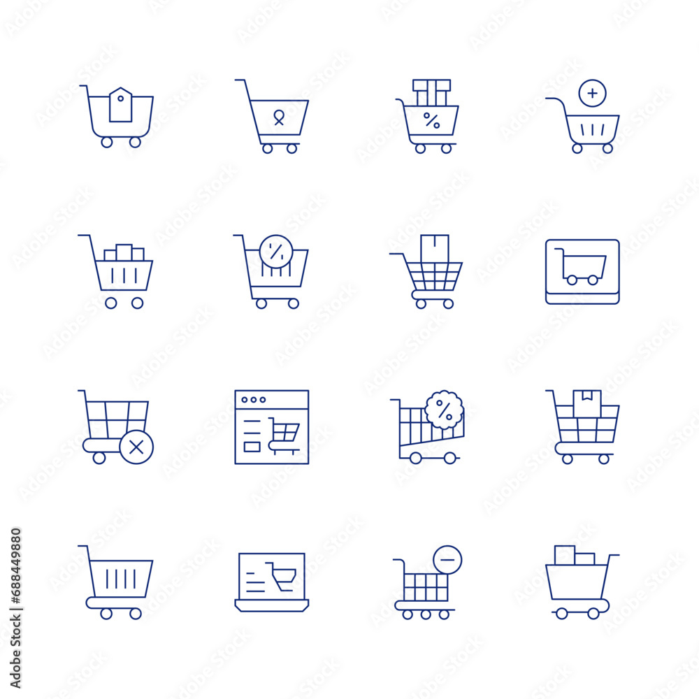 Shopping cart line icon set on transparent background with editable stroke. Containing purchase, sales, discount, ecommerce, online shopping, black friday, empty cart, add to cart, shopping cart.