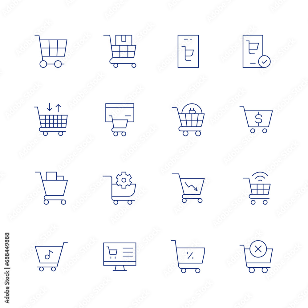 Shopping cart line icon set on transparent background with editable stroke. Containing delivery box, ecommerce, online shopping, shopping cart, shopping, delete item.