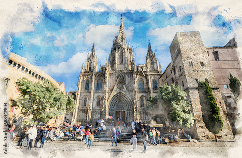 Barcelona Cathedral - Catedral de la Santa Cruz y Santa Eulalia (the Holy Cross and Saint Eulalia) in Barcelona, Spain in watercolor style illustration	 photo