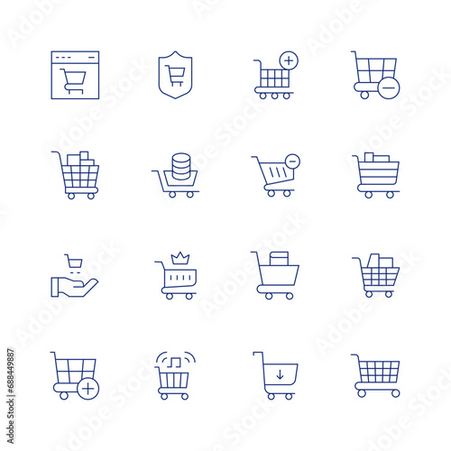 Shopping cart line icon set on transparent background with editable stroke. Containing consumer protection, commerce, consumerism, cart, add cart, add to cart, remove from cart, shopping cart.