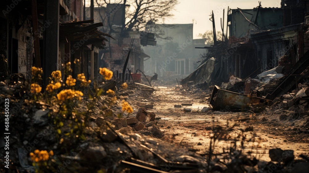 Flowers growing in a derelict, rubble filled town. Depicting regrowth after war.