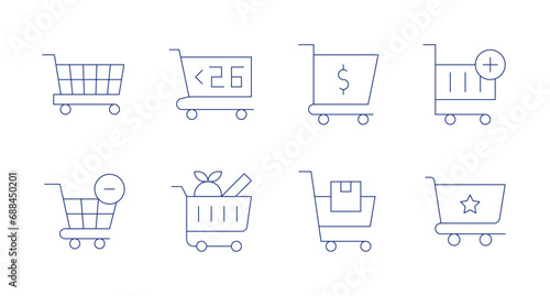 Shopping cart icons. Editable stroke. Containing market research, trolley, cart, shopping cart, remove from cart.