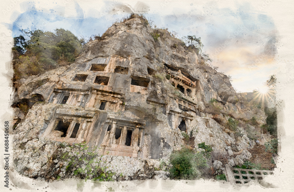 Amyntas Rock Tombs at ancient Telmessos, in Lycia. Now in the city of Fethiye, Turkey in watercolor style illustration