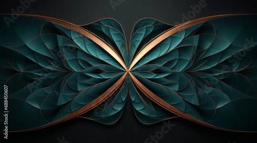 minimalist mathematics, hyperbola parabola patterns, kaleidoscopic, copper-leaf on textured dark-teal paper, copy space, 16:9