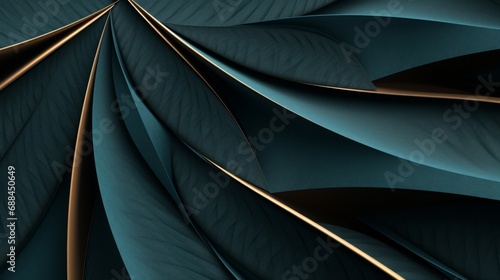 minimalist mathematics, hyperbola parabola patterns, kaleidoscopic, copper-leaf on textured dark-teal paper, copy space, 16:9 photo
