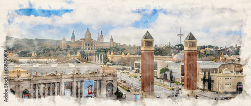 Barcelona, Spain. View at Plaza de Espanya and Palau de Montjuich - Catalonian national art museum MNAC on Montjuic mountain. The Palau Nacional. Watercolor style illustration 