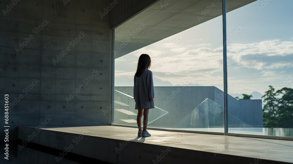 Fototapeta premium Woman Standing in Front of a Large Window