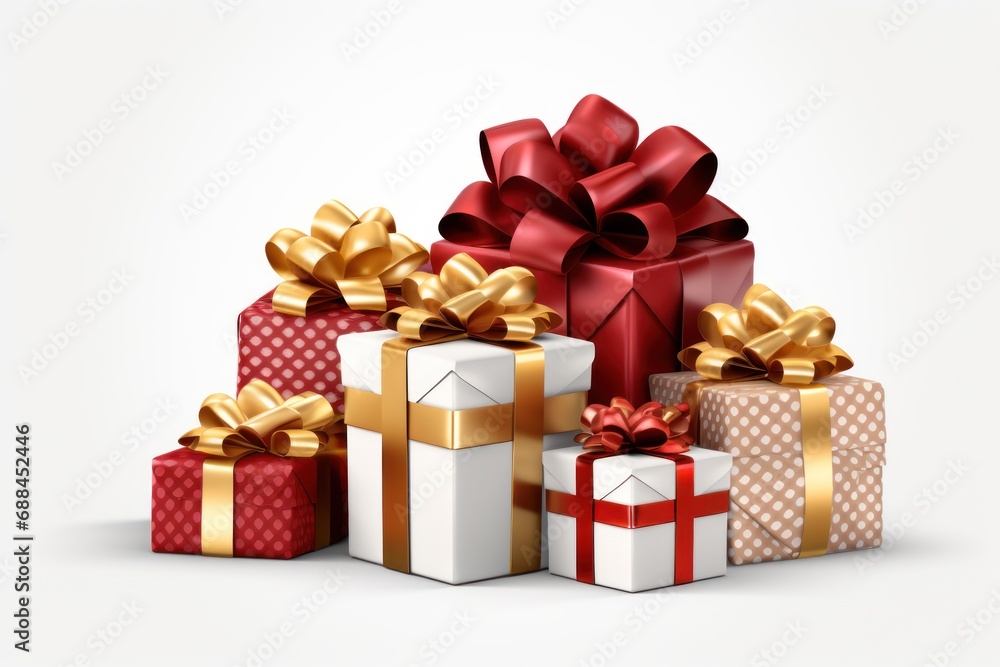 Photograph of Collection of colorful gifts with ribbon bows in different colors to choose from including red, gold and silver Photograph of Collection of colorful gifts with ribbon bows in different colors to choose from including red, gold and silver