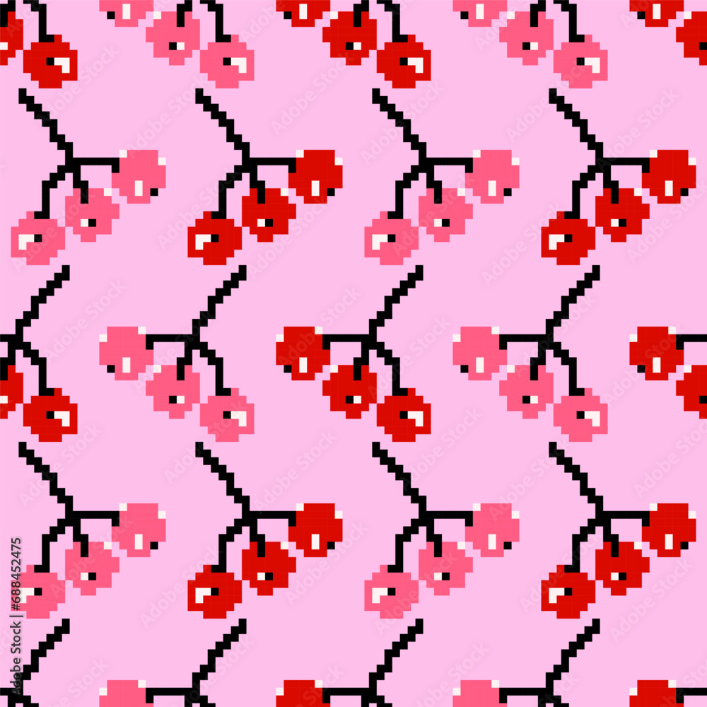 Fototapeta premium Vector seamless pattern, background, design, berry print. Pixel art
