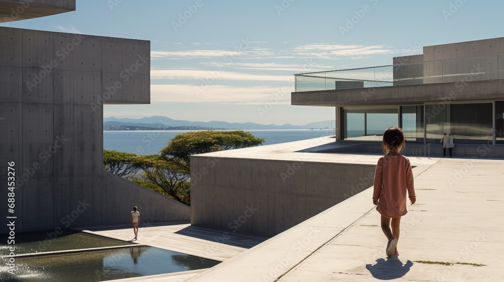 A Woman Walking Towards a Building with a Lake in Front A Woman Walking Towards a Building with a Lake in Front